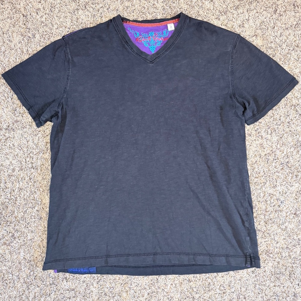 Robert Graham Mens Classic Fit V-Neck T-Shirt Black Slub Knit Size M